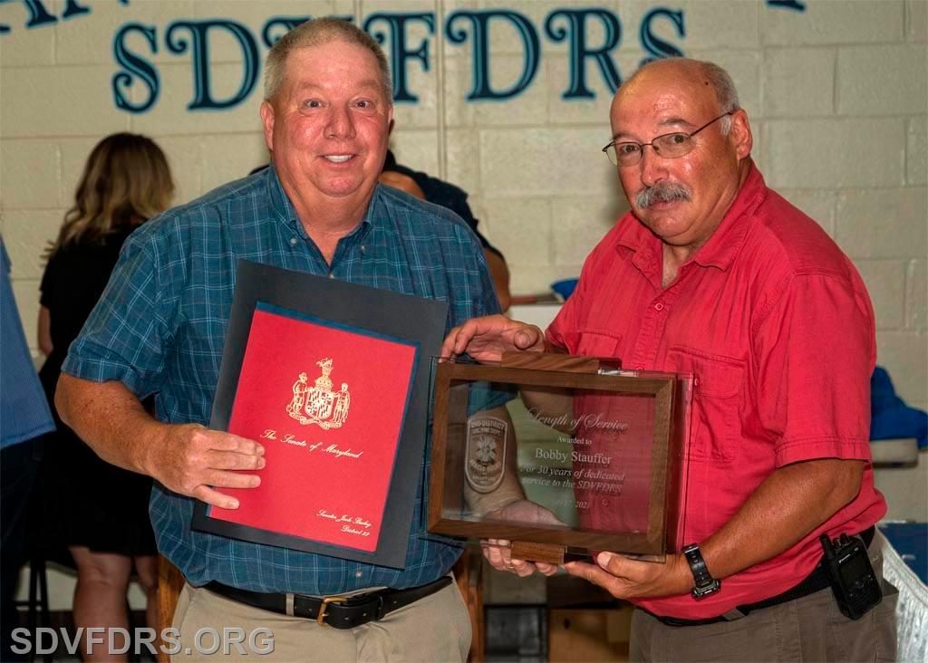 Bobby Stauffer receives recognition for 30 Years of Service to the SDVFDRS, presented by Chief Gary Joy.